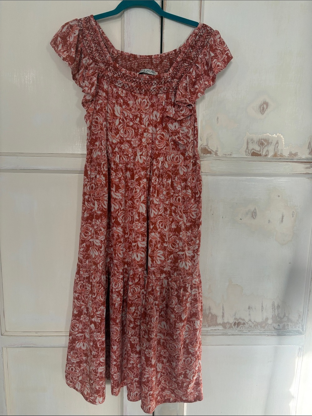 Floral Rust-White Midi Dress - Smocked Bodice
